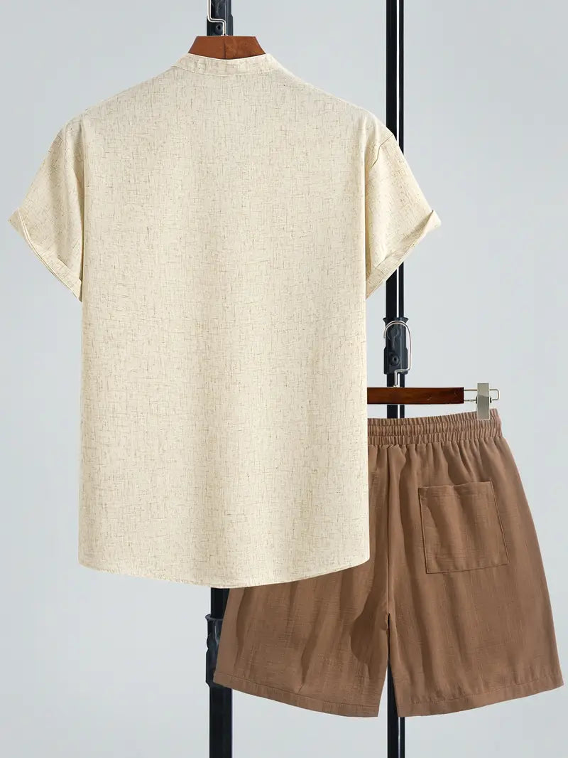 Men’s V-Neck Linen Blend 2-Piece Set